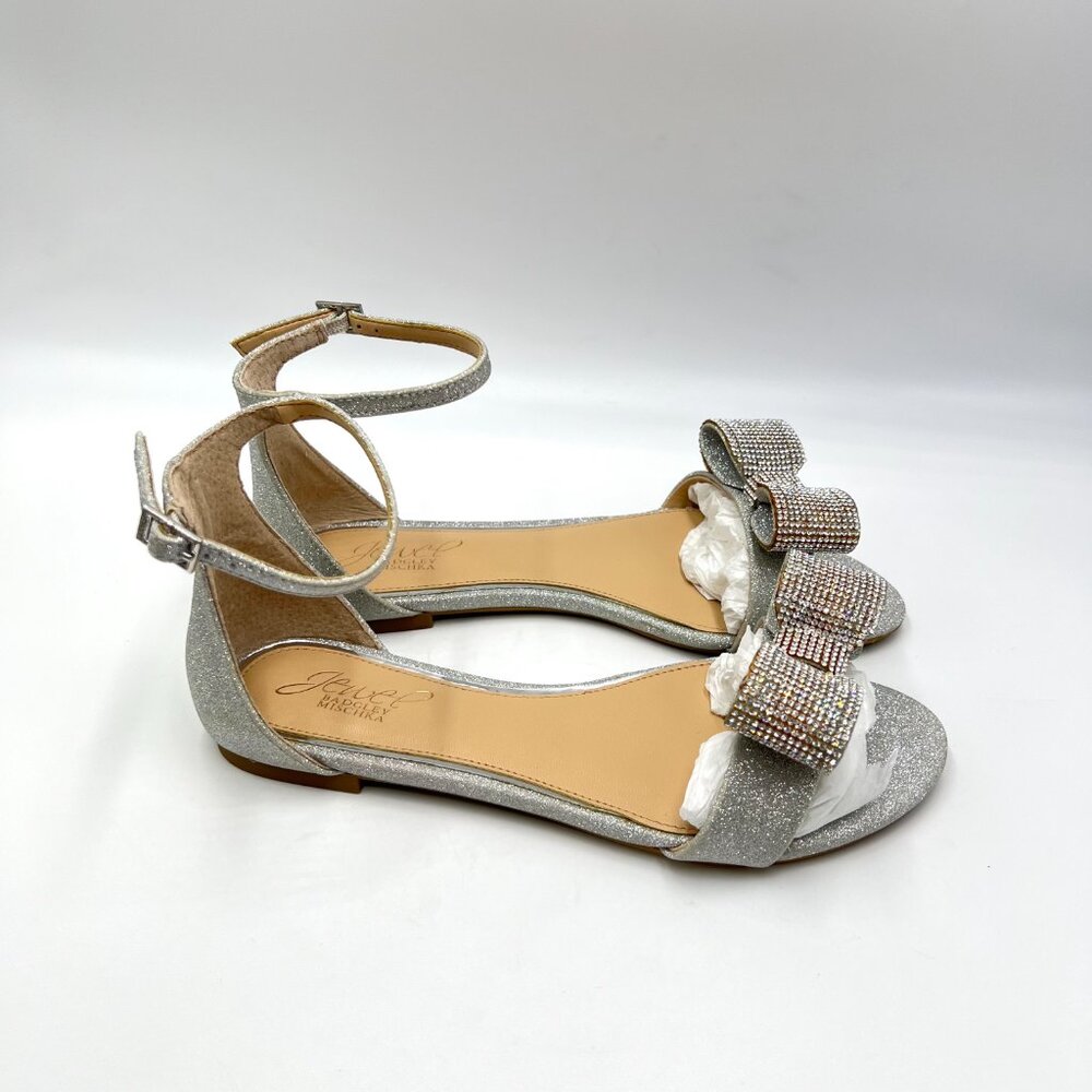 Jewel Badgley Mischka Womens Size 6 Una Silver Bow‎ Flats Dress Sandals Shoes